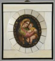 Antik miniatúra, csont rárakásos keretben, 4,5x4 cm, 9,5x8,5 cm