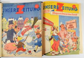 1957-1959 Unsere Zeitung c. német nyelvű képes ifjúsági folyóirat egybekötött számai, 2 kötetben, be...