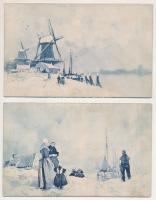 2 db RÉGI keményhátú képeslap: holland szélmalom, folklór művészlap / 2 pre-1945 postcards: Dutch wi...