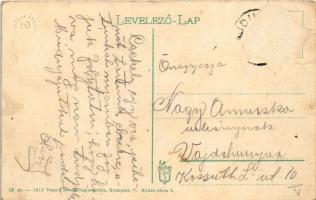 Debrecen, Debreczeni Első Takarékpénztár palotája, Kontsek Kornél üzlete, villamos. Vasúti levelezől...