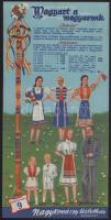 ca 1935 Nagykovácsy üzletház rendkívül dekoratív három részes kihajtható rajzos ruházati termék rekl...