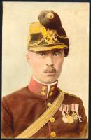 ca 1917 Tettey Emil tüzér főhadnagy kitüntetéseivel színezett, hátoldalán feliratozott fotó szép áll...