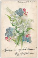 1900 Hímzett gyöngyvirágos üdvözlőlap / silk embroidered lily of the valley, greetings. litho