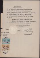 1941 Német hitelesítő irat teljes szárazpecséttel, 5 márka + 20 márka ritka okmánybélyegekkel