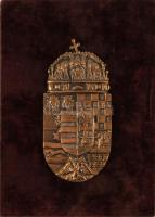 Bronz magyar címer, bársonyborítású fa alapon, 16x8 cm, 25x18 cm