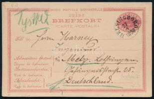 1890 Díjjegyes levelezőlap Németországba küldve, "HELSINGBORG"