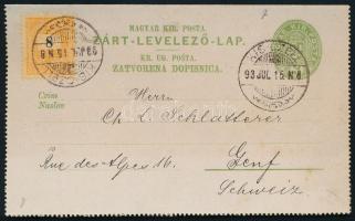 1893 Kétnyelvű zárt díjjegyes levelezőlap 8kr díjkiegészítéssel, "KIS-CZELL" - "GENÉV...