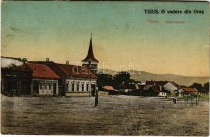1928 Tövis, Teius; Vedere din Oras / utca, Ábrahám testvérek üzlete. Vasúti levelezőlapárusítás / st...