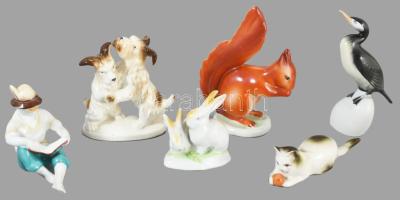 6 darab porcelán figura, Sitzendorf, Hollóházi, Zsolnay, jelzett, m: 14 cm alatt