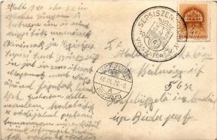 1940 Sepsiszentgyörgy, Sfantu Gheorghe; látkép "hazatért" szöveggel és Horthy Miklós arcké...