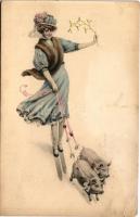 1904 Lady art postcard. Skiing lady with pigs. M. Munk Nr. 475. (EK)