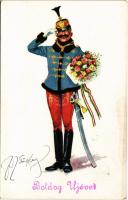Boldog új évet! / Hungarian hussar, New year greeting. M. Munk Wien Nr. 1064. s: Fritz Schönpflug