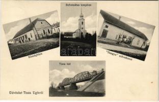 1930 Tiszaug, Községháza, római katolikus és református templom, Hangya szövetkezet, utcakép, üzlet,...