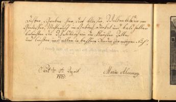 cca 1810-1820 Régi emlékkönyv, benne magyar és német nyelvű bejegyzésekkel, rajzokkal, illusztrációk...