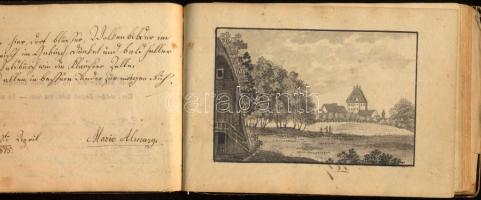 cca 1810-1820 Régi emlékkönyv, benne magyar és német nyelvű bejegyzésekkel, rajzokkal, illusztrációk...