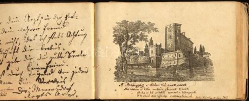 cca 1810-1820 Régi emlékkönyv, benne magyar és német nyelvű bejegyzésekkel, rajzokkal, illusztrációk...