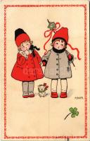 1919 Children art postcard, children with pig, clover. M. Munk Nr. 1075. s: P. Ebner