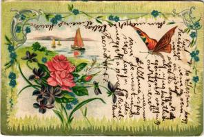 1915 Dombornyomott üdvözlőlap virágokkal, vitorlásokkal és pillangóval / Embossed greeting postcard ...