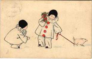 1916 Children art postcard, clowns with pig. M. Munk Nr. 1077. (fl)