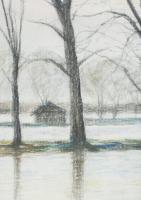 Einczinger Ferenc (1879-1950): Esztergomi dunai árvíz, 1947. pasztell, papír, jelzett. 40,5x29,5 cm....