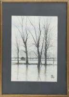 Einczinger Ferenc (1879-1950): Esztergomi dunai árvíz, 1947. pasztell, papír, jelzett. 40,5x29,5 cm....