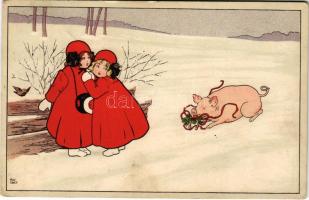 1908 Children art postcard, children with pig, clovers and horseshoe. M. Munk Nr. 403. s: Pauli Ebne...