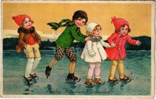 1937 Kellemes karácsonyi ünnepeket! / Christmas greeting winter sport art postcard, ice skating chil...