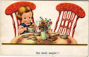 1940 Hol késik megint!? / Hungarian humorous card, girl drinking tea
