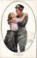 1917 A repülő / WWI Austro-Hungarian K.u.K. military art postcard, pilot with lady, romantic couple....