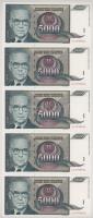 Jugoszlávia 1992. 5000D (10x) sorszámkövetők, pótkiadás "ZA 0789531 - ZA 0789540" T:UNC
Y...
