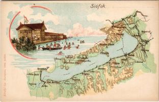 Siófok, Balaton térkép, fürdőház, strand. Károlyi Gy. kiadása. Art Nouveau, litho (EM)
