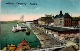 1925 Pozsony, Pressburg, Bratislava; rakpart, gőzhajó, vár / quay, steamship, castle (EB)