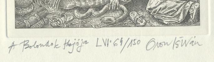Orosz István (1951-): A Bolondok Hajója LVI. Rézkarc, papír, jelzett és számozott (64/150). 11,5x11,...