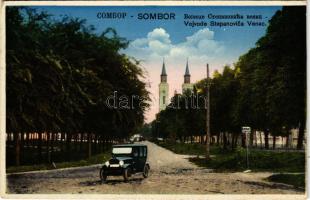 1941 Zombor, Sombor; Vojvode Stepanovica Venac. Andrija Rangl / utca, automobil, templom, autóbusz m...