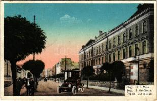 Stryi, Stryj, Strij; Ul. 3-go Maja / Dritte Maigasse / street view, shops, automobile (EB)