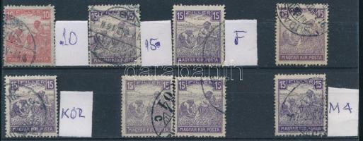 1916 Fehérszámú Arató 10f + 7 x 15f bélyeg lemezhibákkal