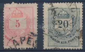 1874 5kr keskenyre fogazva + 20kr óriásira fogazva
