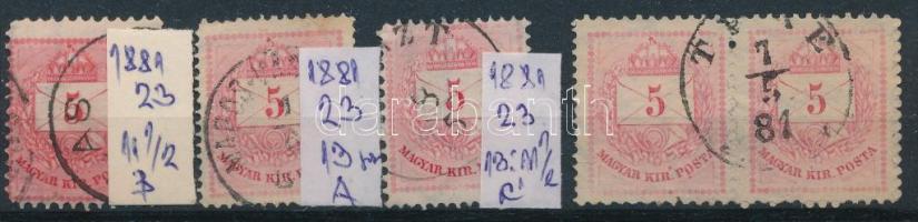1881 5kr 3 klf fogazat eltérés + 1 összefüggő pár 11 1/2:13 fogazással (16.000)
