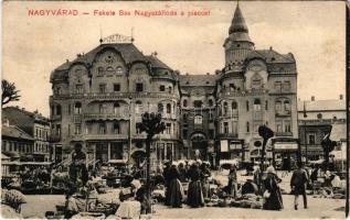 Nagyvárad, Oradea; Fekete Sas Nagyszálloda a piaccal, Magyar Bank, Ernyei Lajos áruháza, Czeller Imr...