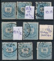 1881 8 db Színesszámú 10kr fogazateltérések, vésésjavítás, szegélynyomat, értékjelzéstől felfelé fur...