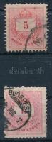 1881 5kr 2 db bélyeg elcsúszott gyöngysorjavítással + lemezhibával és papírránccal (foghibák / perf....