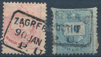 1881 5kr + 10kr vasúti bélyegzéssel (10kr felül ollóval vágva / cut with scissors)