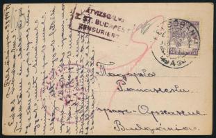 1918 Képeslap Fehérszámú Arató 15f bérmentesítéssel Bulgáriába, cenzúrázva, "FELSŐBÁNYA"
