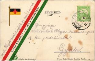 1914 Éljen a király! Éljen a hadsereg! Nemzetiszínű szalagos katonai művészlap zászlóval. Nyomtatta ...