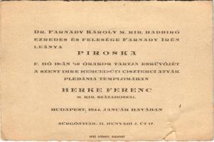 1944 Meghívó Farnady Piroska és Herke Ferenc m. kir. százados esküvőjére. Nyomtatta Vitéz Szénásy (n...