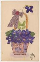 Virágcsokor. Papír menetrendből kivágott és összeragasztott képeslap / flower bouquet. Made out of t...