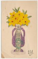 Virágcsokor. Papír menetrendből kivágott és összeragasztott képeslap / flower bouquet. Made out of t...