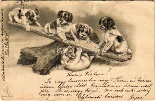 1901 Dombornyomott kutyás művészlap. Serie 7047. / Emb. dogs art postcard. litho (szakadás / tear)