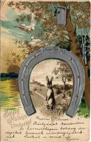 1902 Boldog Húsvéti Ünnepeket! Dombornyomott szecessziós üdvözlőlap nyúllal és patkóval / Easter gre...