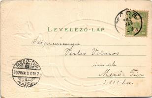 1902 Boldog Húsvéti Ünnepeket! Dombornyomott szecessziós üdvözlőlap nyúllal és patkóval / Easter gre...